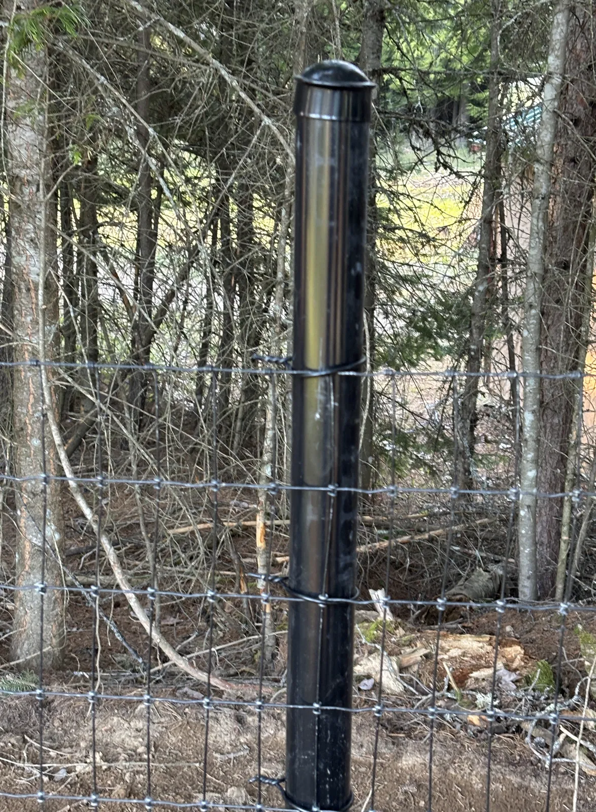 Black steel pipe brace post and no-climb mesh detail on the Frontier fence.