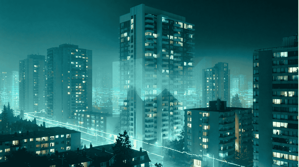 Multifamily buildings at night with data streams flowing between them
