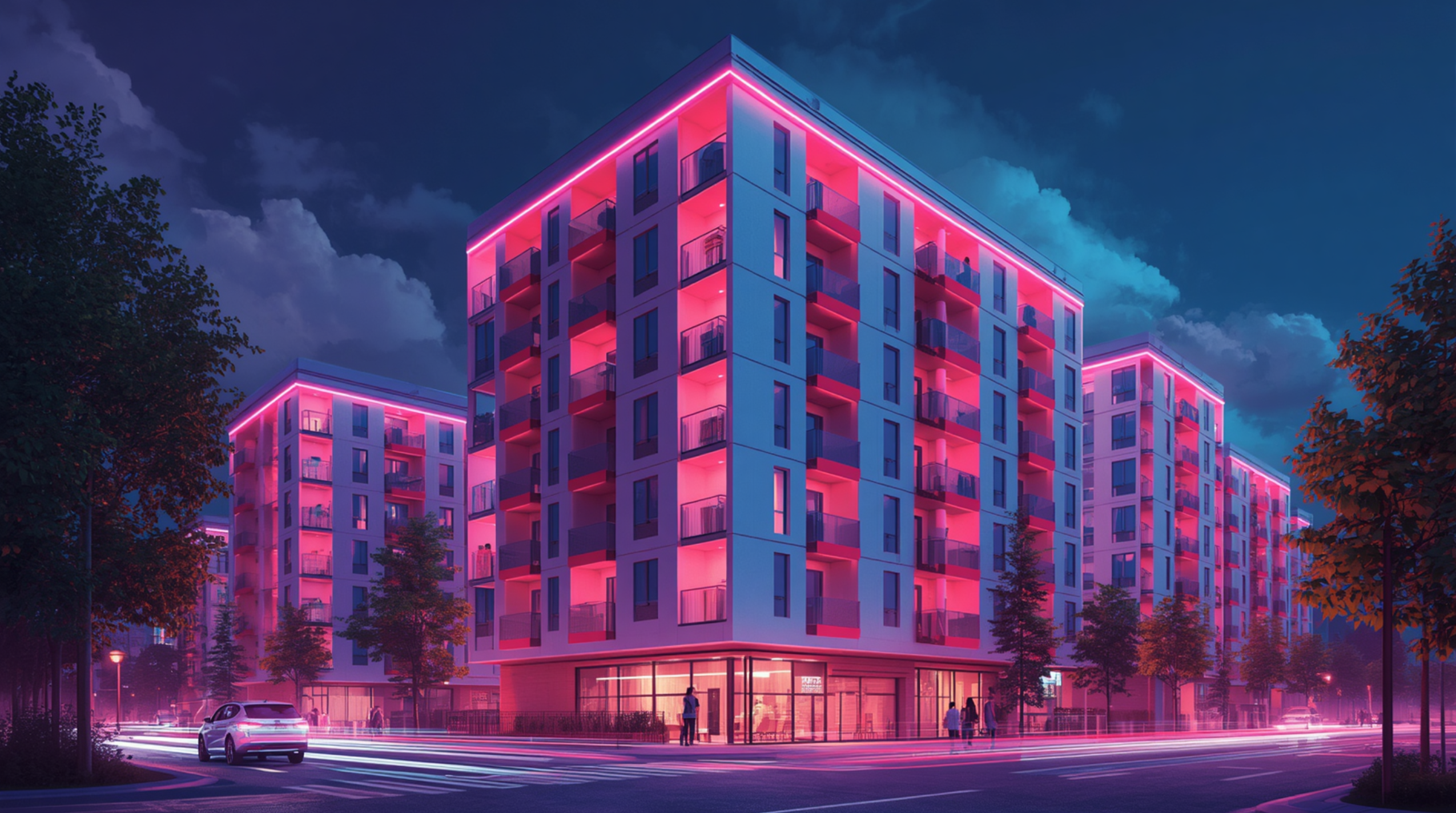Illuminated multifamily apartment buildings at night, representing standardized and normalized data across properties