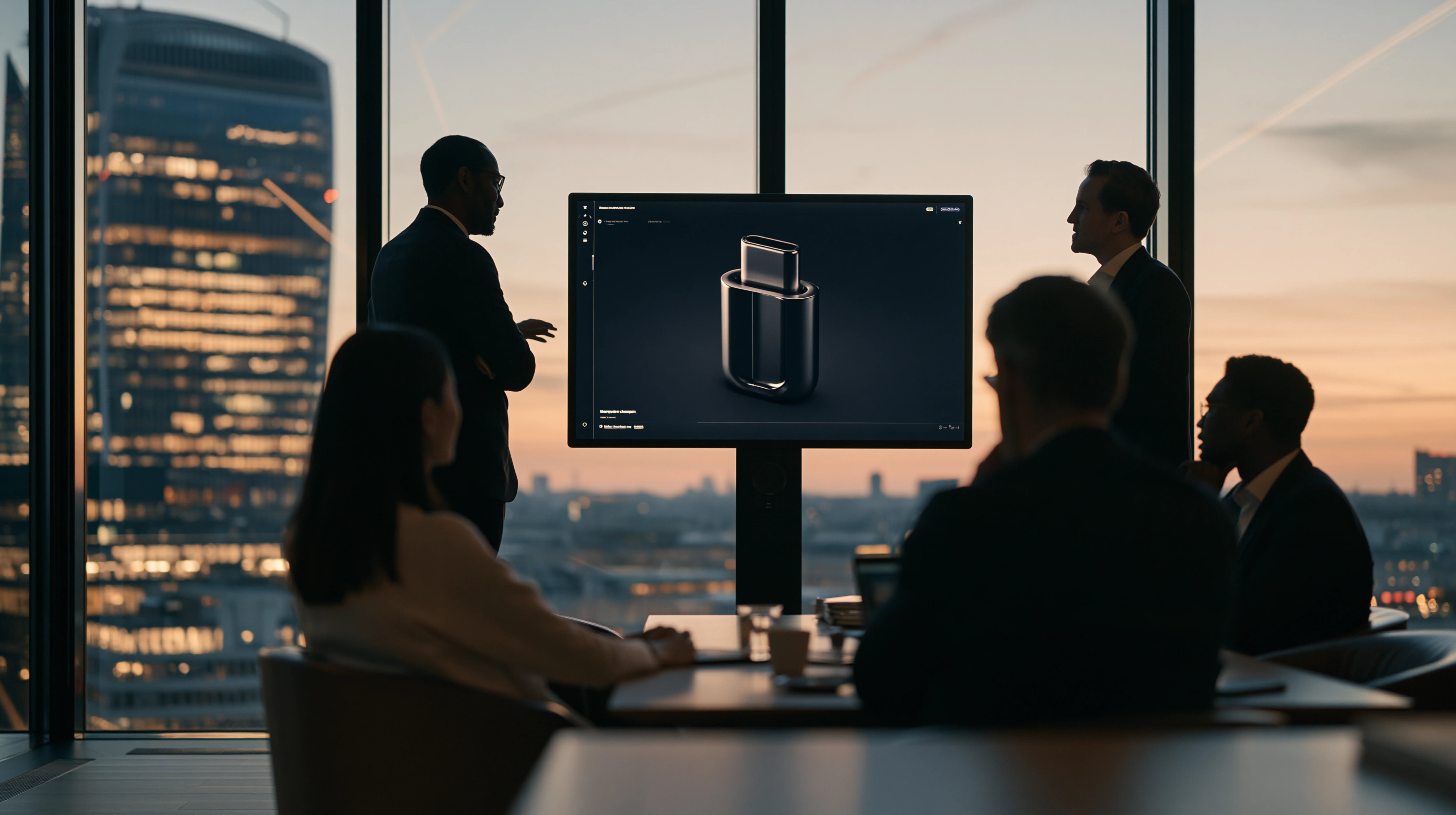 Presenter beside a wall screen showing a USB-C connector while colleagues watch an AI demo at dusk