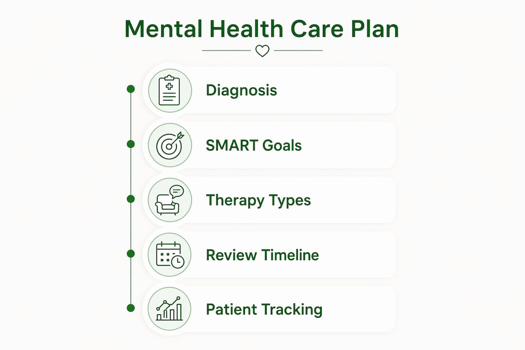 Infographic illustrating mental health care plan components in a vertical flow