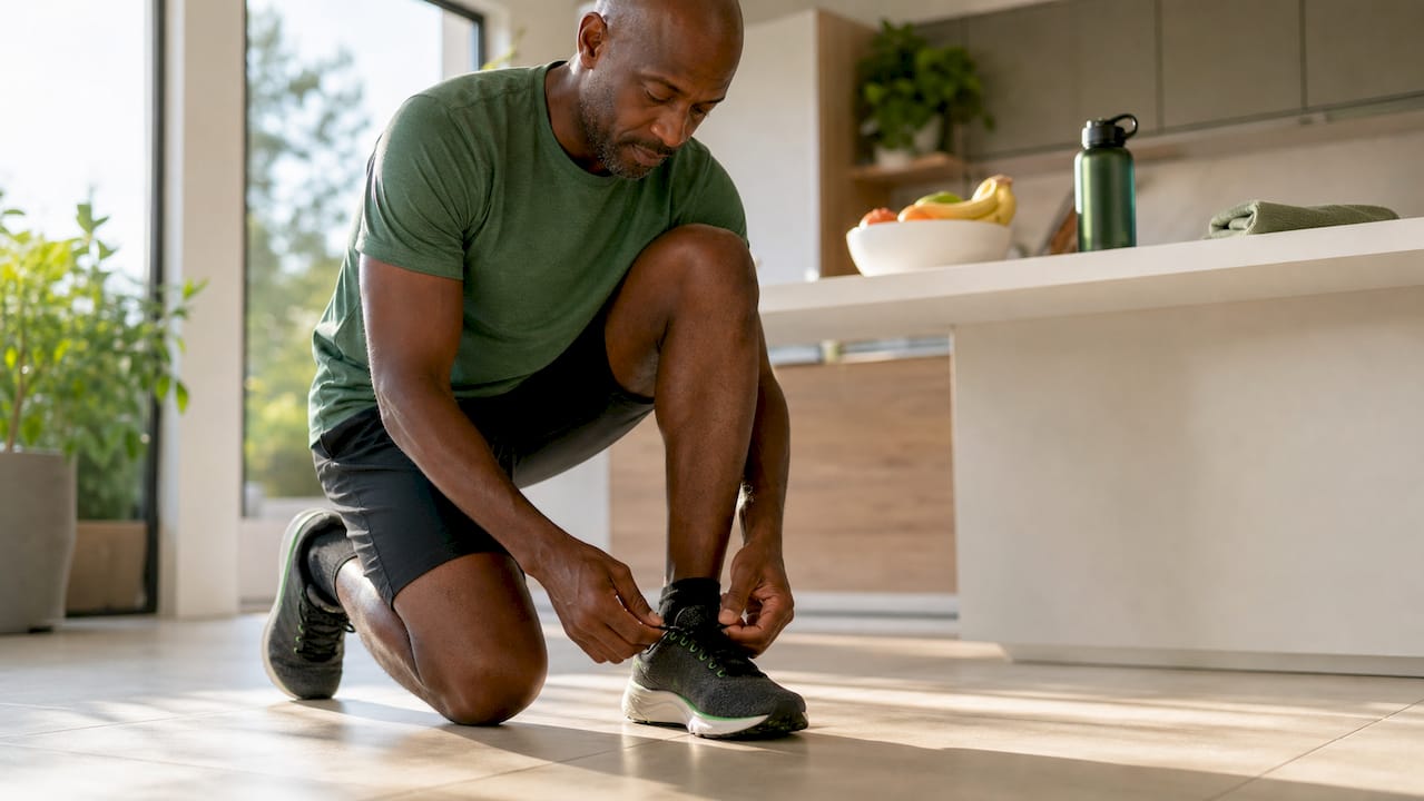 Overhead view of man tying running shoes at home