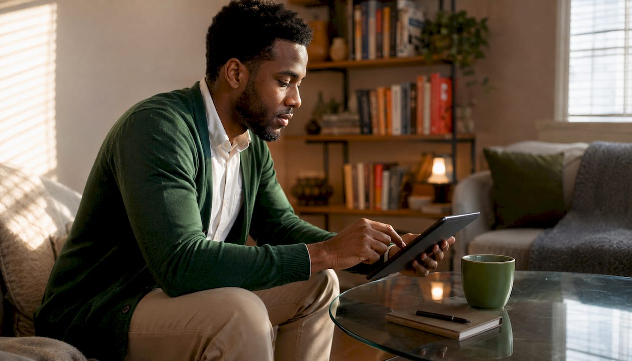 Man using tablet for telehealth platform review