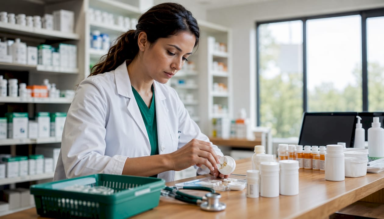 Pharmacist preparing medications in pharmacy