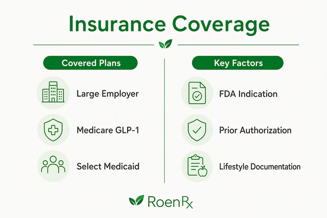 Infographic summarizing semaglutide insurance coverage factors and plans