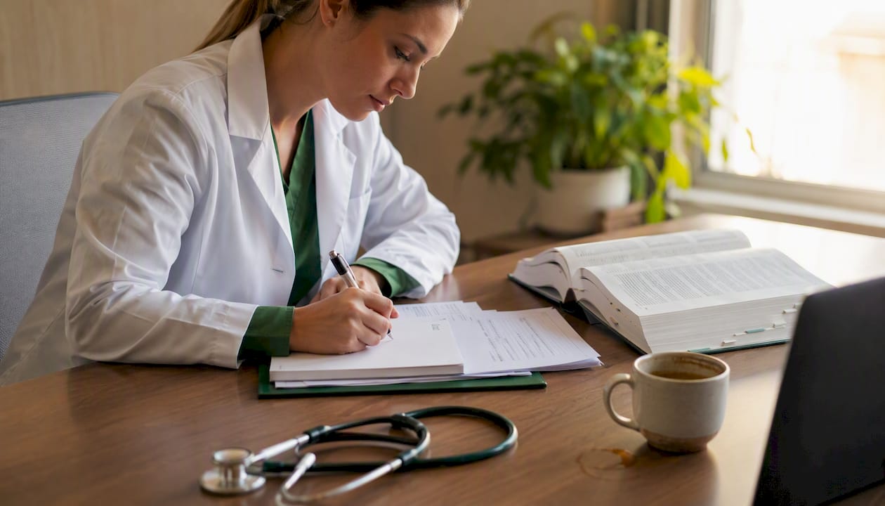 Physician preparing prior authorization paperwork in clinic