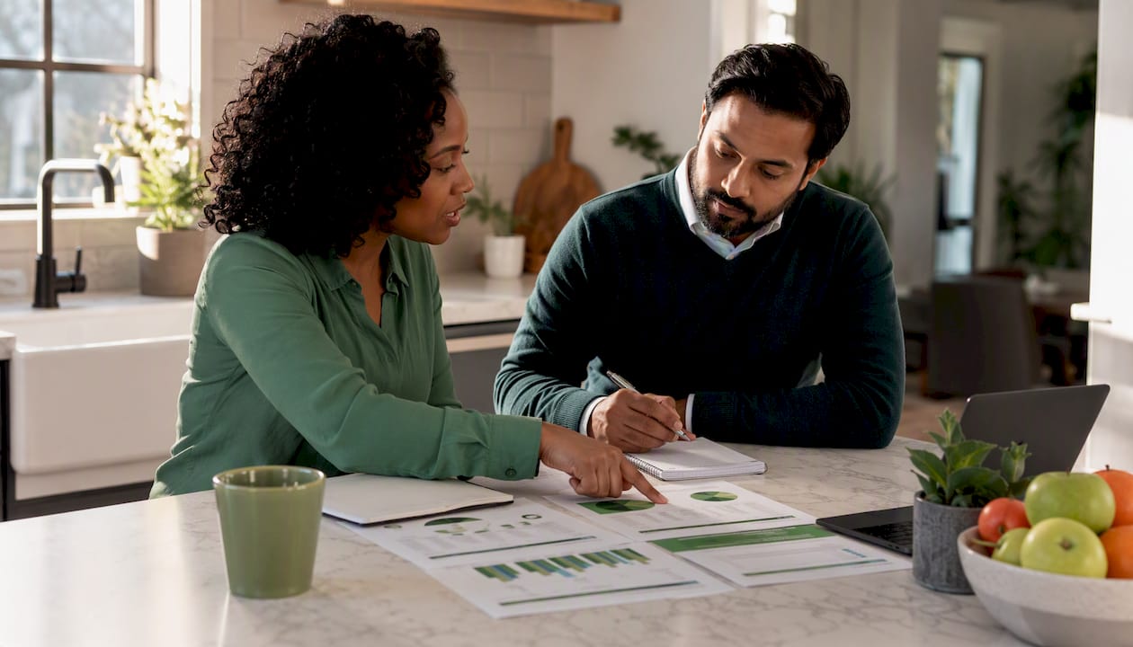 Two professionals discussing insurance plans at office table