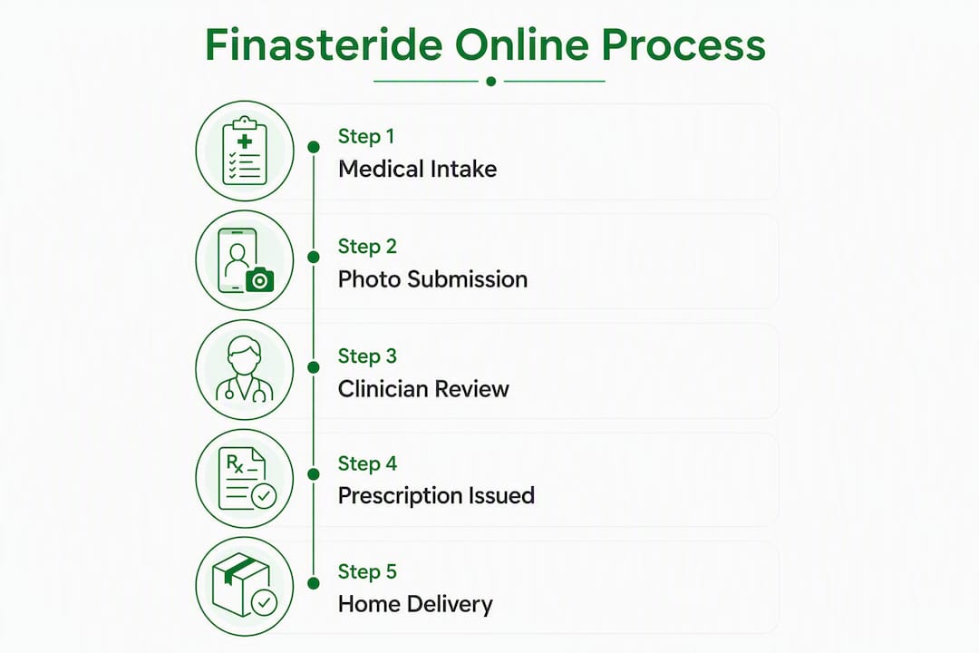 Infographic outlining steps to get finasteride online