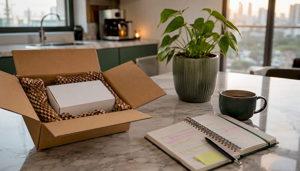 Prescription medication package opened on kitchen counter