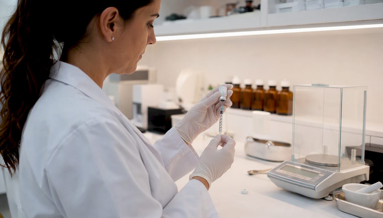 Pharmacist preparing compounded semaglutide syringe
