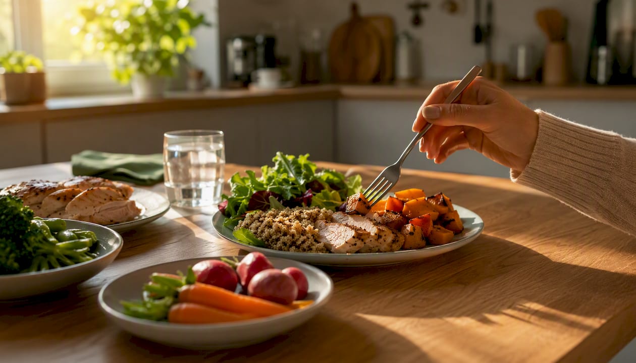 Hand with fork picking healthy meal portion