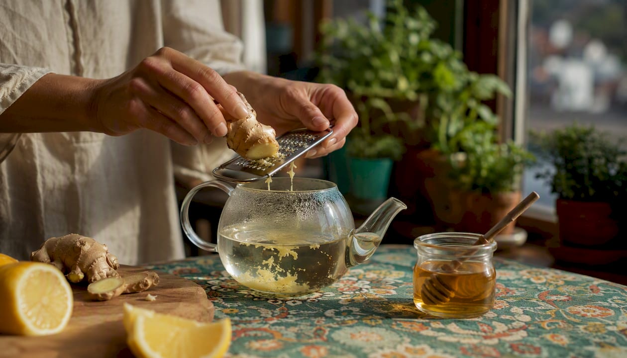 Pouring hot water into teapot with ginger slices