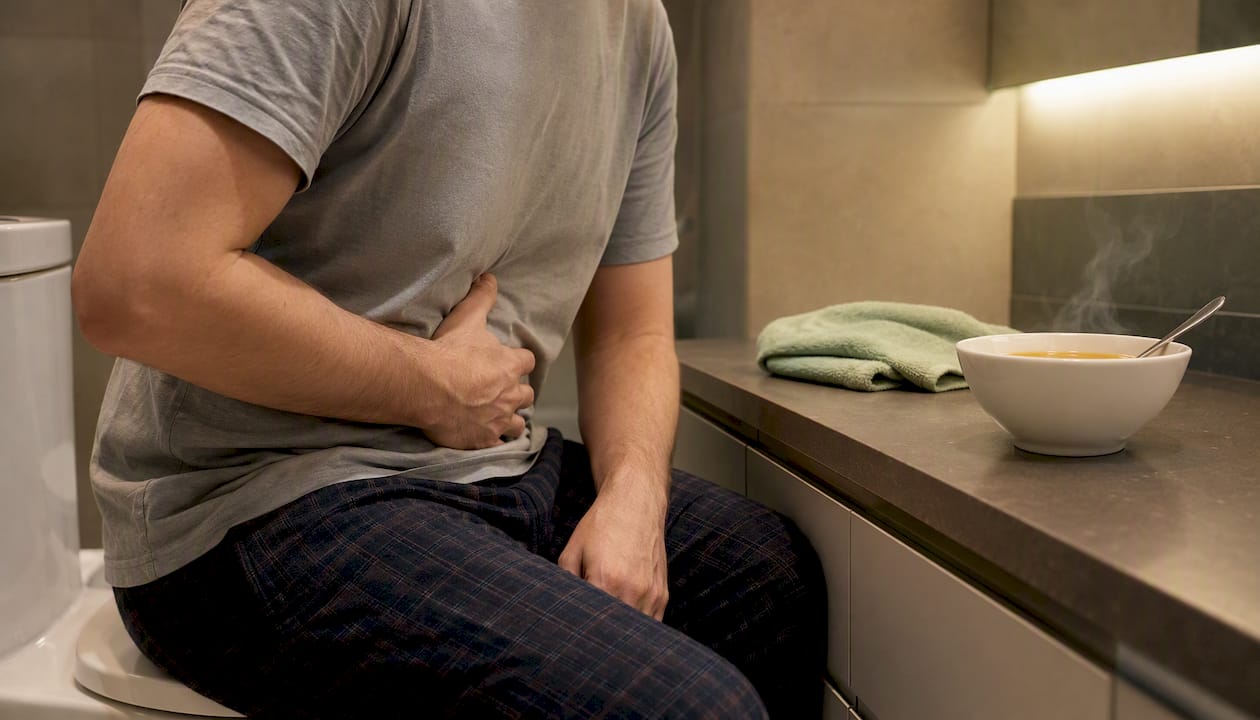 Hand pressing upper abdomen indicating pain