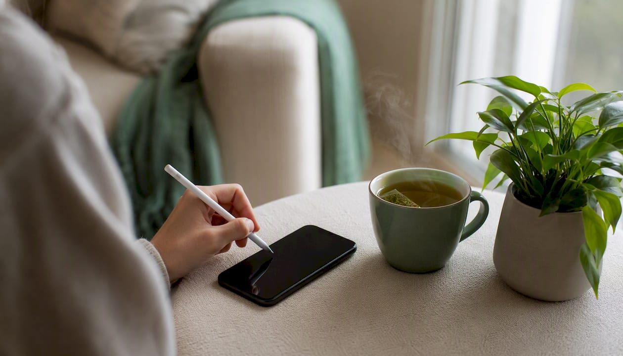 Hand interacting with smartphone for symptom tracking
