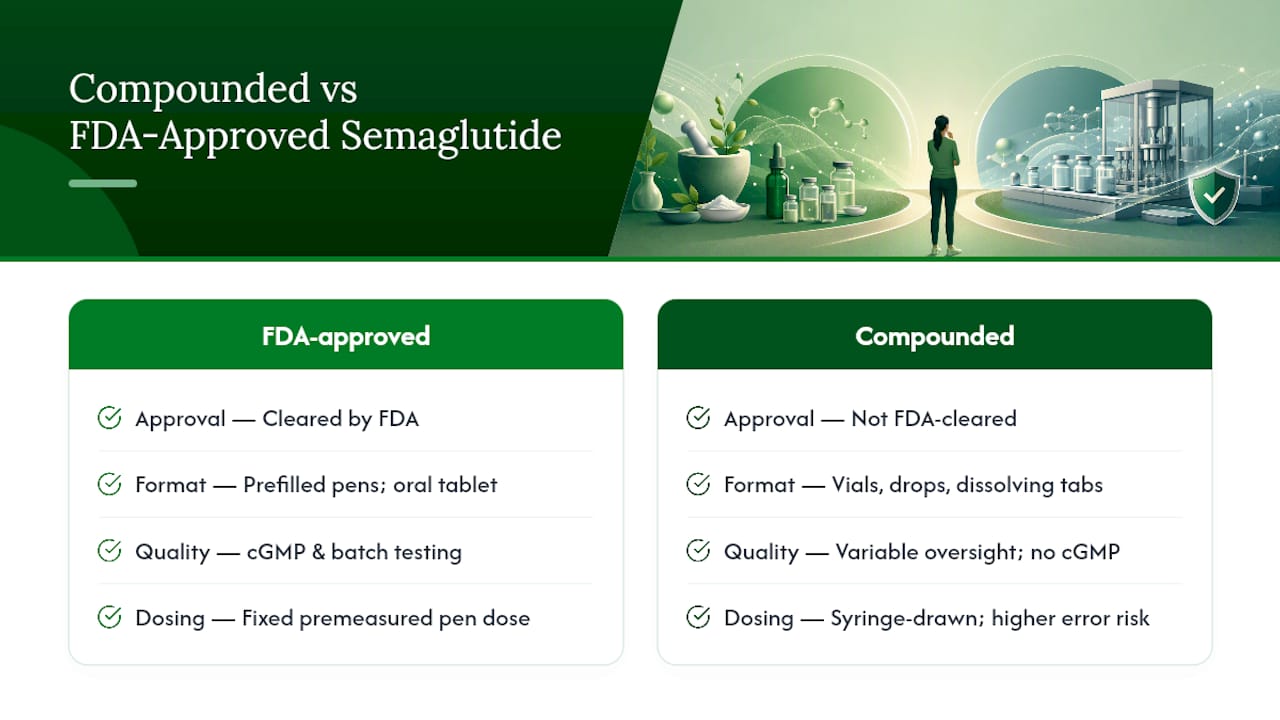 Diagram comparing compounded and FDA-approved semaglutide