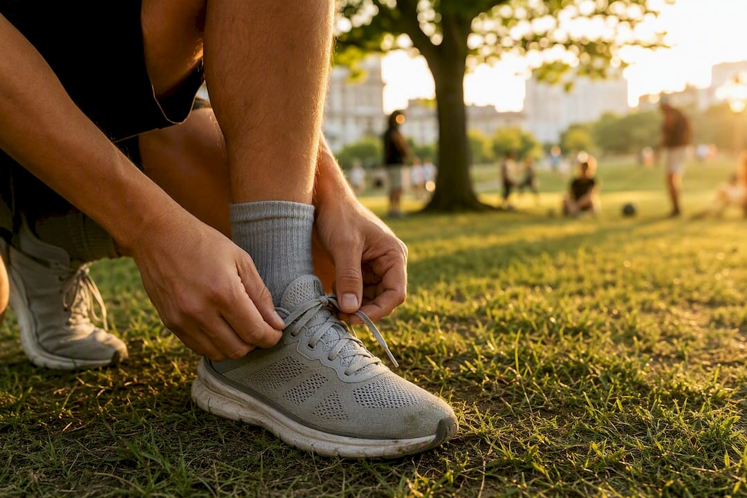 Person tying running shoes outdoors