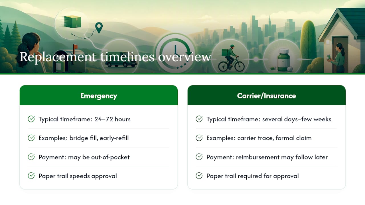 Medication replacement and claim processing timelines