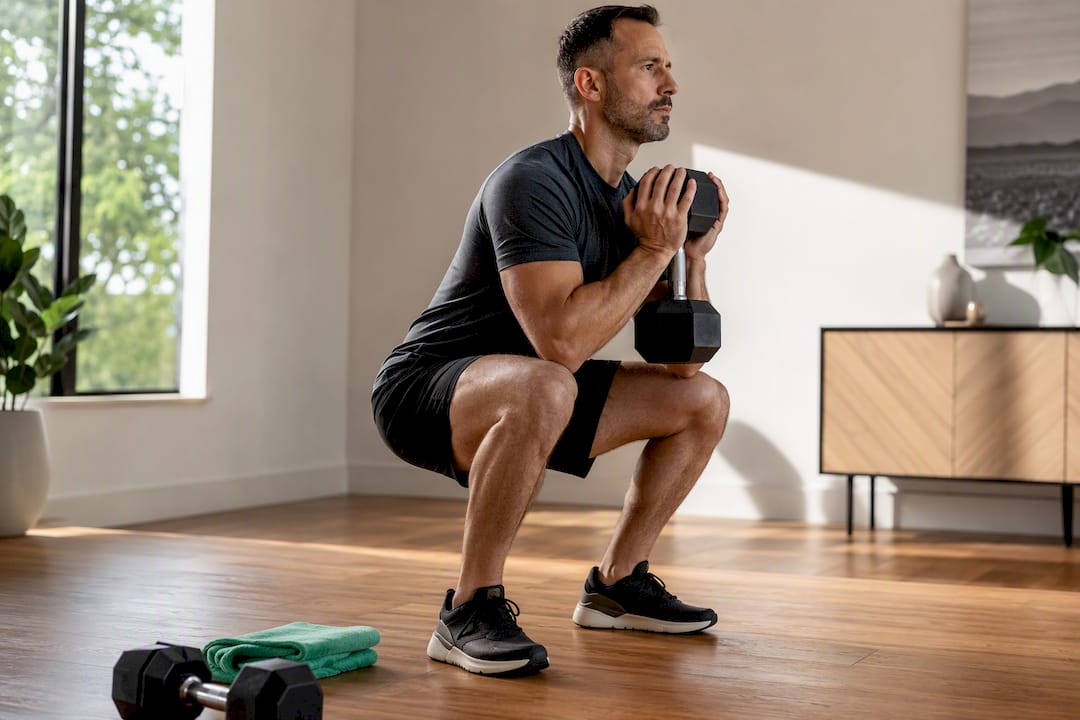 Adult performing resistance training at home