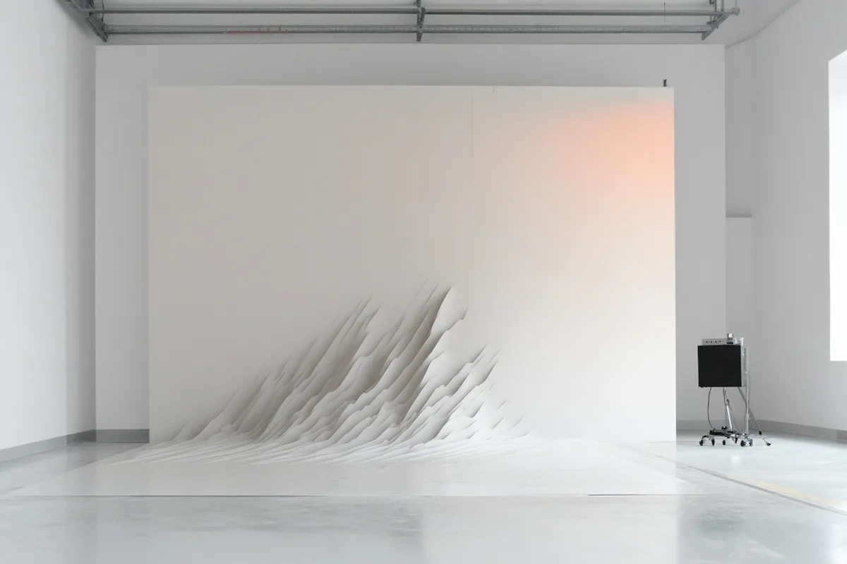 White minimalist room with geometric art installation.