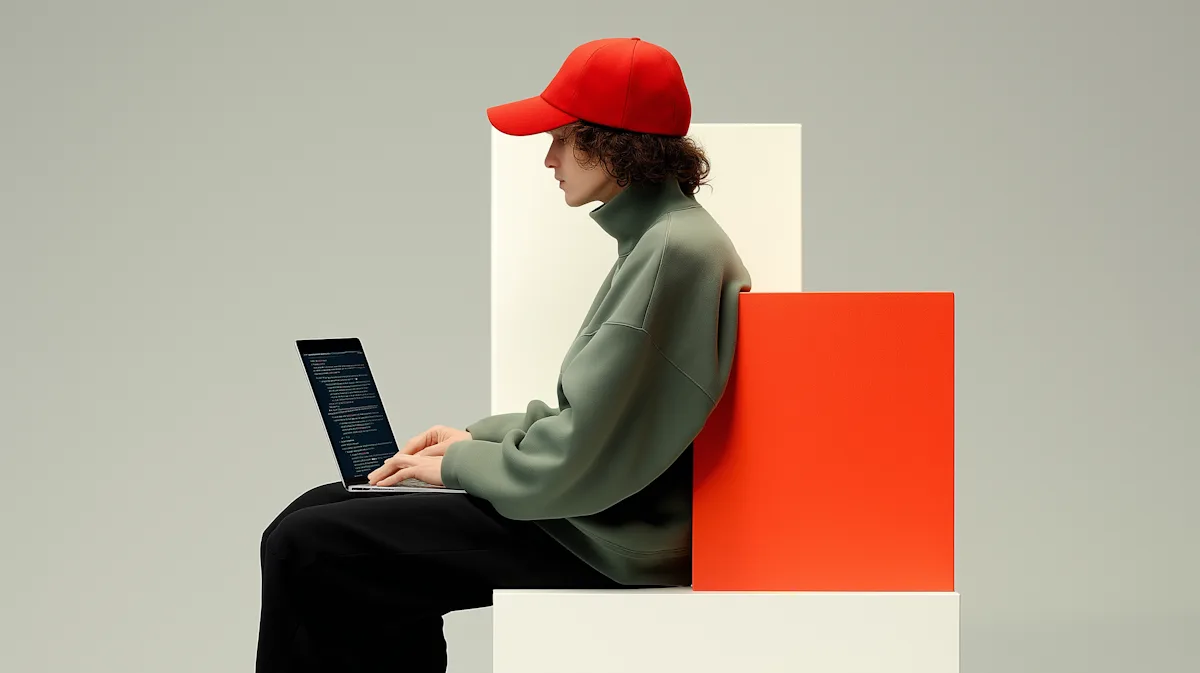 Person in red hat sitting on orange cube against a minimalist background.