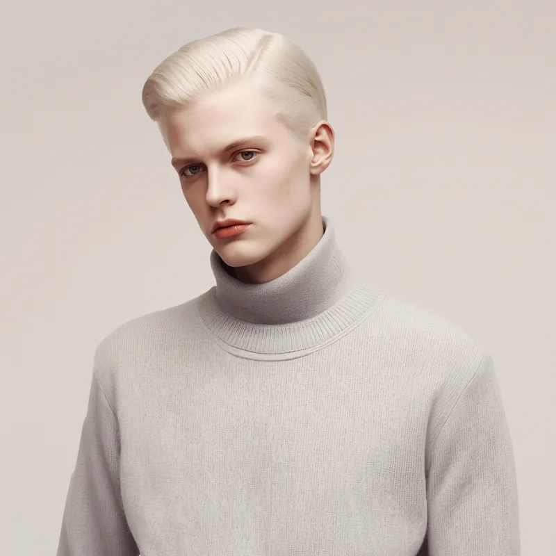 Portrait of a blonde man in beige sweater on soft background.