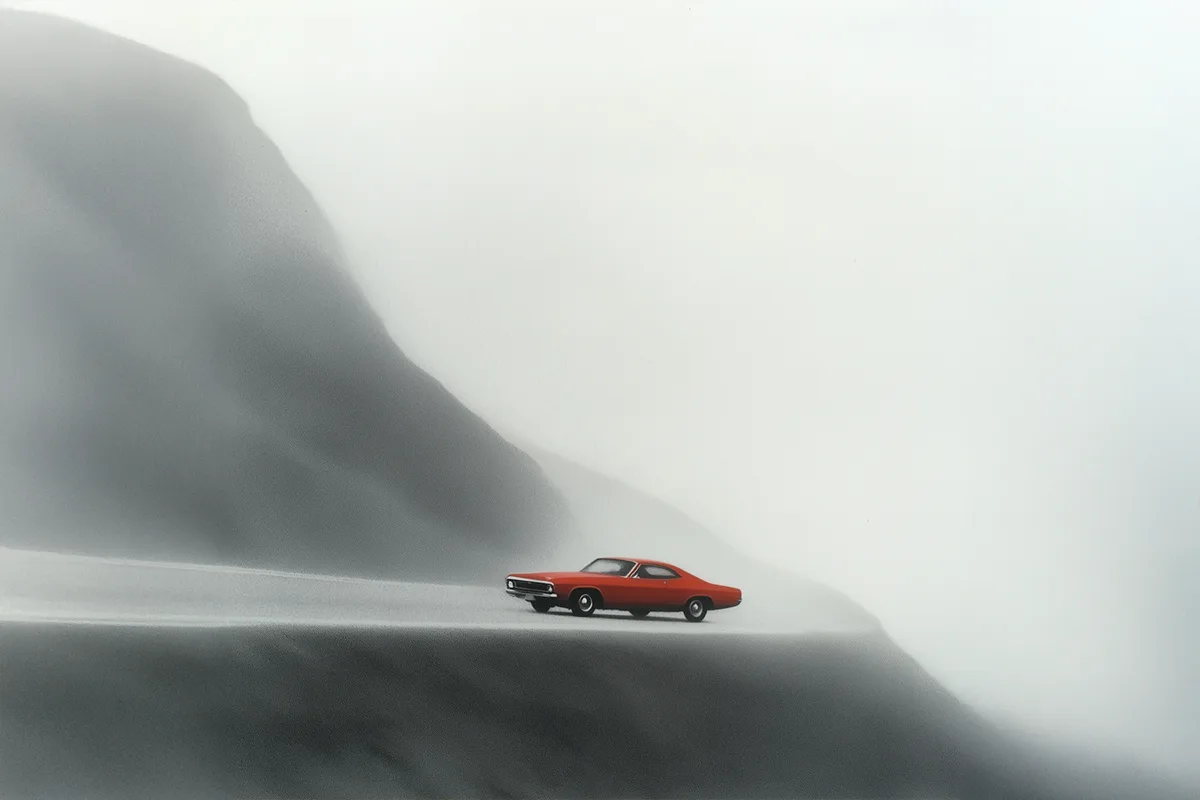 Red car driving through dense fog on a minimalist landscape.