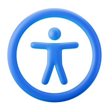 Blue 3D accessibility icon depicting a person with outstretched arms inside a circle.