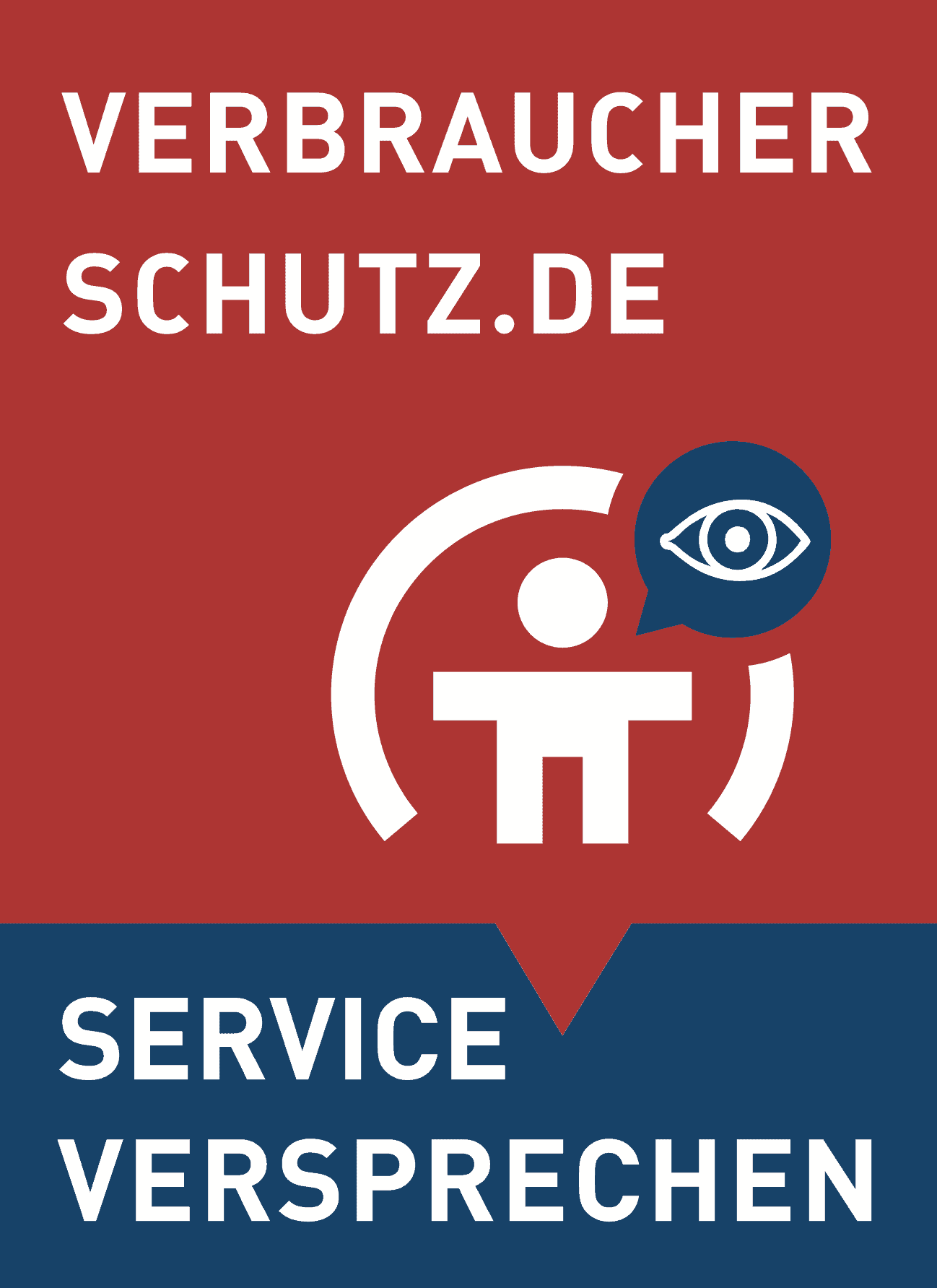 Logo von Verbraucherschutz.de mit einer stilisierten Person und einem Augensymbol im Sprechblasen-Icon, darunter steht Serviceversprechen.