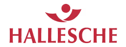 Logo der HALLESCHE Versicherung mit stilisierter roter Figur über dem Schriftzug.