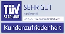 TÜV Saarland Siegel mit Bewertung Sehr Gut, Kundenurteil und Kundenzufriedenheit, gültig bis 11/2023.