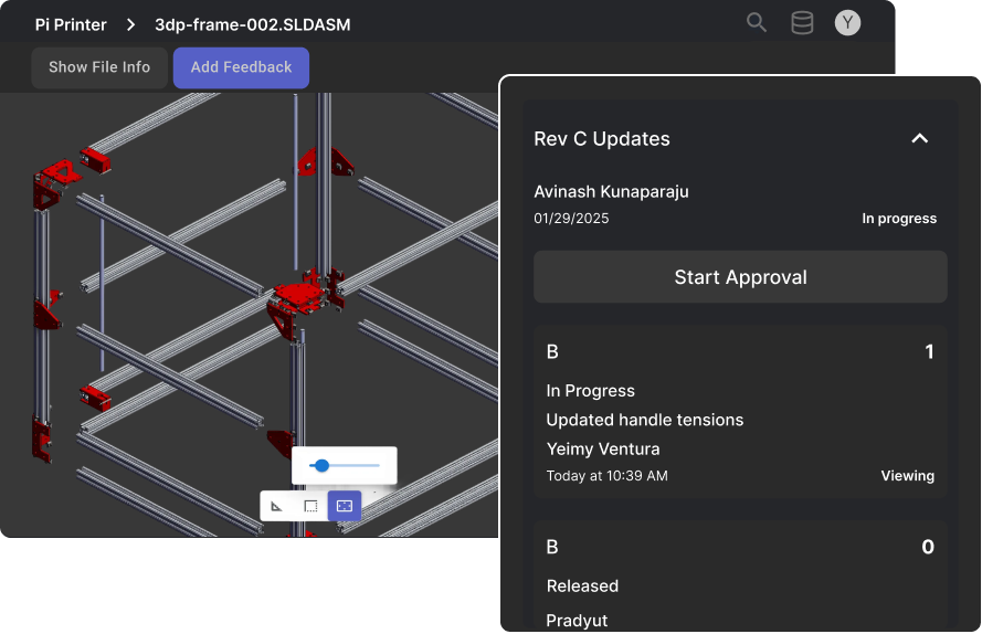 Bild's cloud-native PDM approval workflow showing 'Rev C' updates for a 3D printer frame, including version history, automated approval requests, and real-time collaborator status.