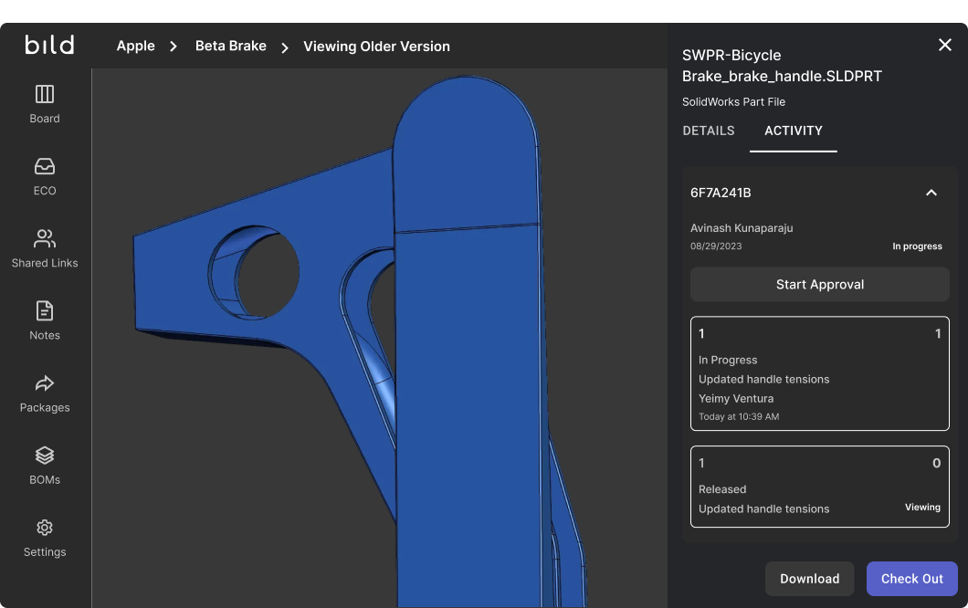 Bild interface showing a 3D CAD model of a bicycle brake handle alongside its activity feed, including current 'In Progress' updates and previous released versions.