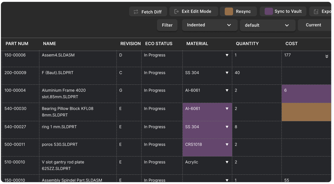 Bild cloud PDM interface showing a SolidWorks assembly with open file metadata, version history, and real-time CAD measurements.  Bild's cloud-native PLM approval workflow showing 'Rev C' updates for a 3D printer frame, including version history, automated approval requests, and real-time collaborator status.  Bild project file directory for a bicycle brake assembly, featuring cloud-based version control, part number tracking, and a revision history showing approved and released CAD updates.   Bild cloud-based BOM management interface showing an indented bill of materials with part numbers, revision levels, material types, quantities, and real-time cost tracking.