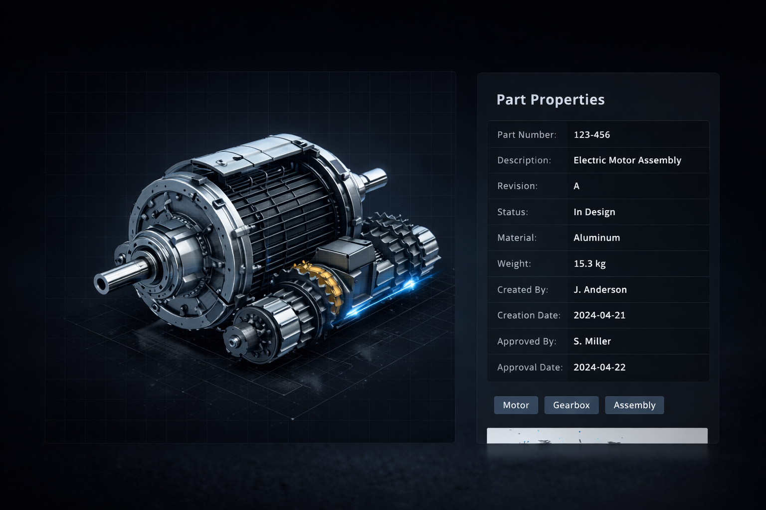 A 3D motor assembly alongside part properties