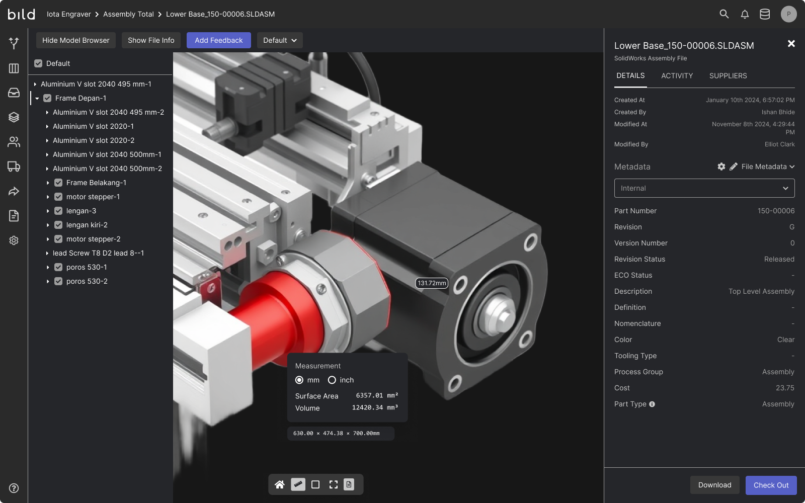 Bild cloud PDM interface showing a SolidWorks assembly with open file metadata, version history, and real-time CAD measurements.