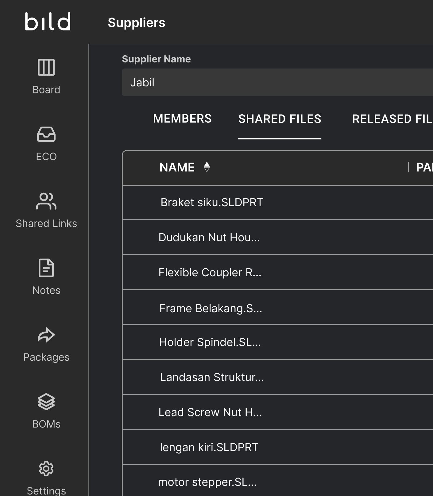 Bild Suppliers portal showing files shared with the supplier Jabil, including SolidWorks part files for brackets, nut housings, and couplers.