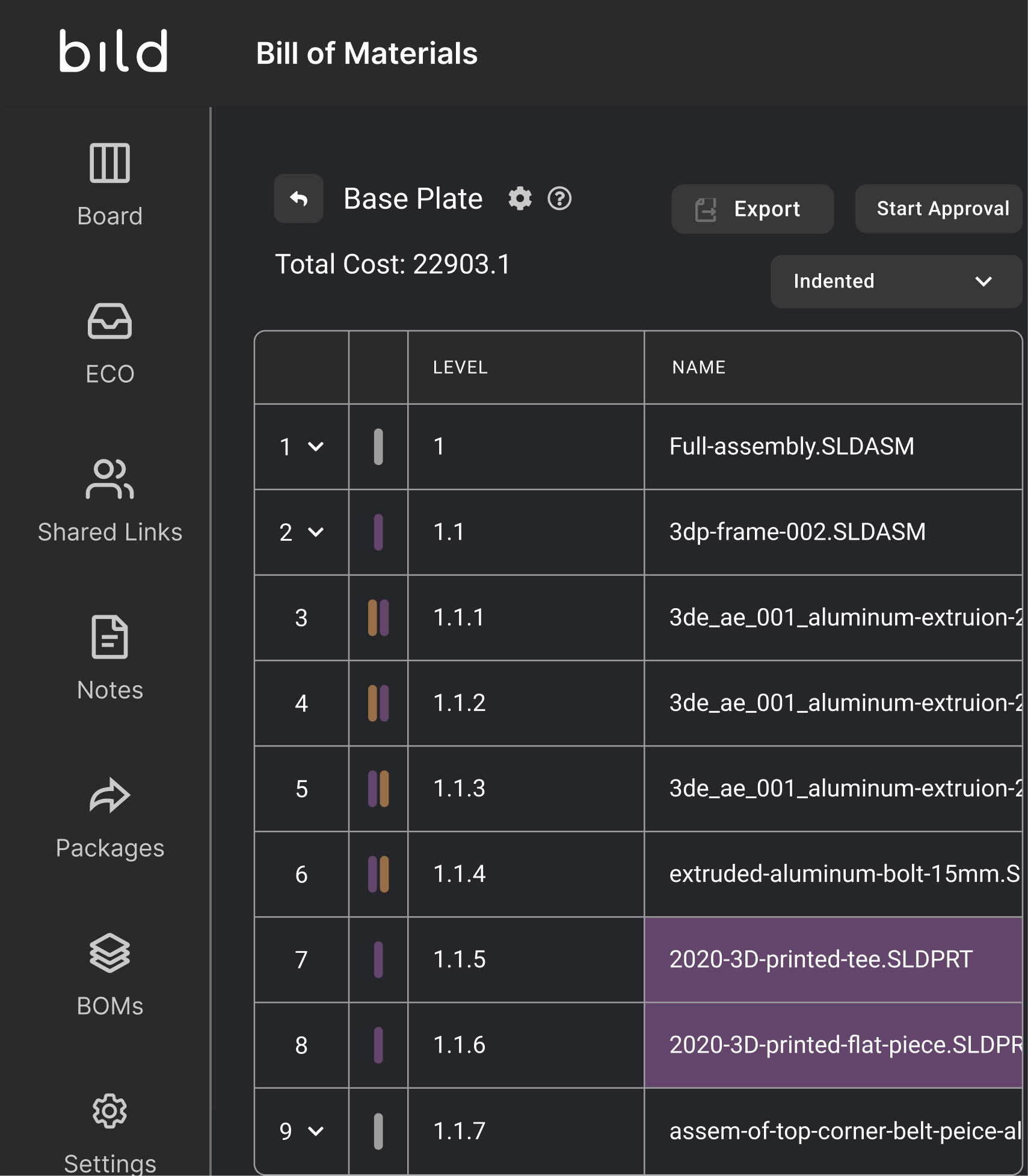 Bill of Materials (BOM) in Bild for a Base Plate assembly