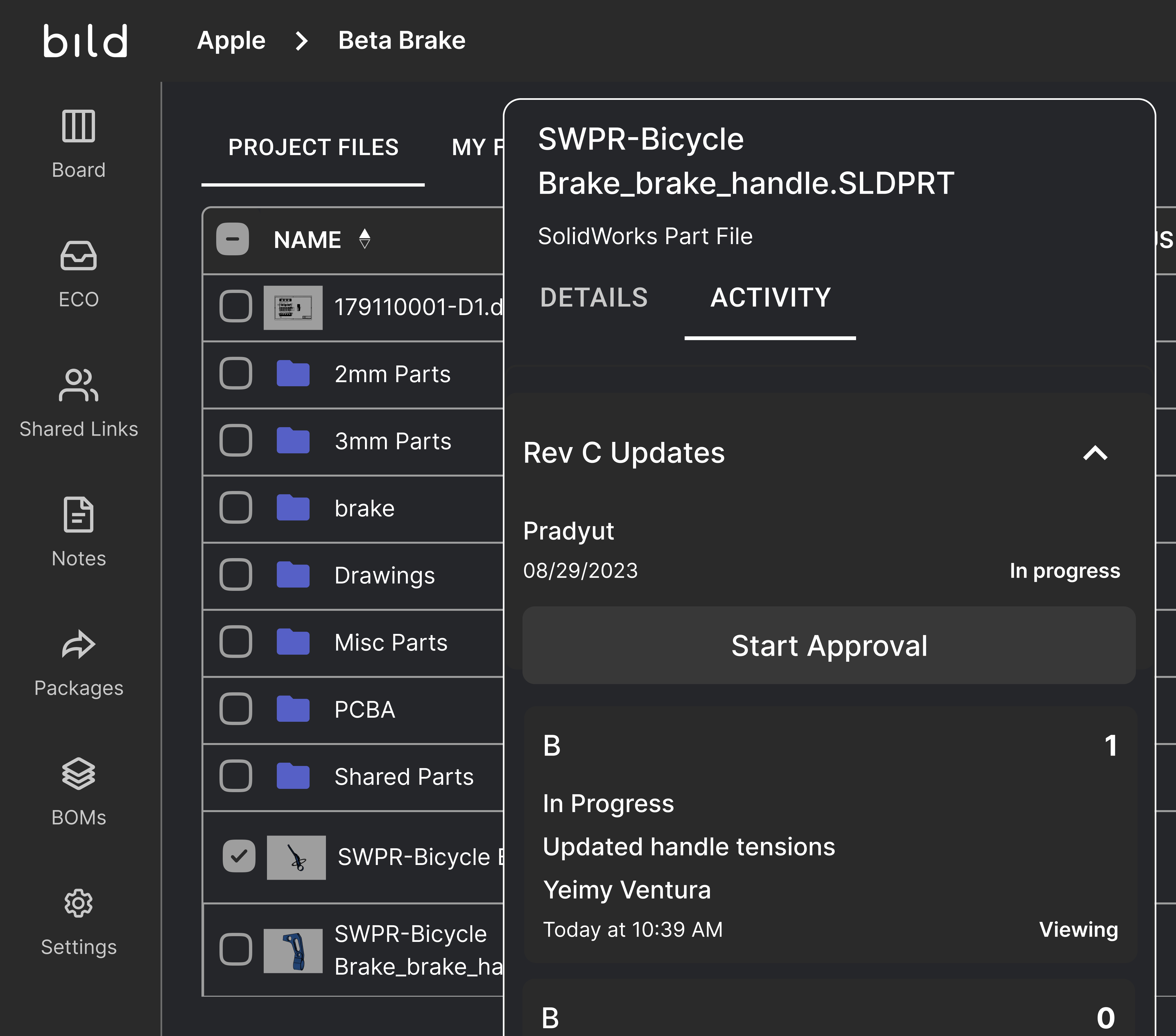 Bild interface alongside the Activity feed for a bicycle brake handle SolidWorks part file showing 'Rev C Updates' in progress.
