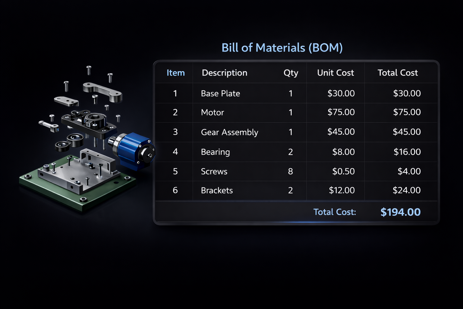 A "Bill of Materials (BOM)" interface displaying a cost breakdown table next to an exploded 3D view of a mechanical assembly.