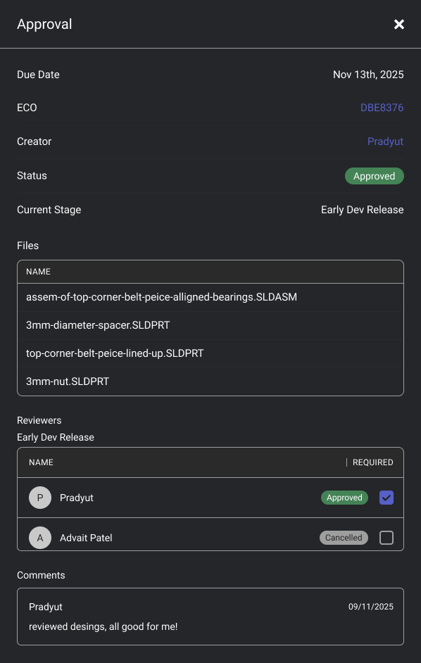 Approval Panel on Bild interface showing approval information, file names, reviewers, and comments 