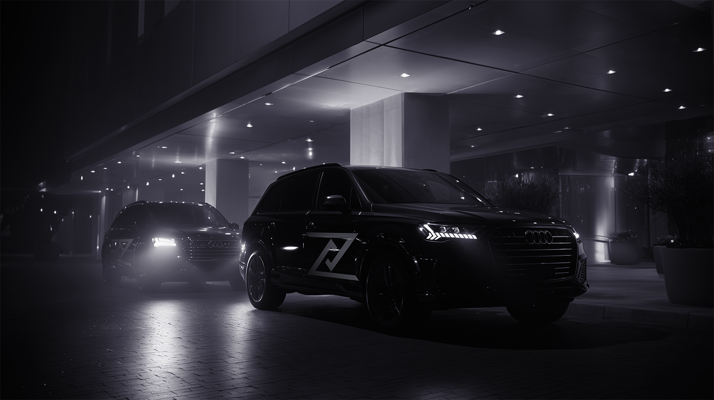 Two black Audi SUVs with illuminated headlights parked under a building's modern overhang at night.