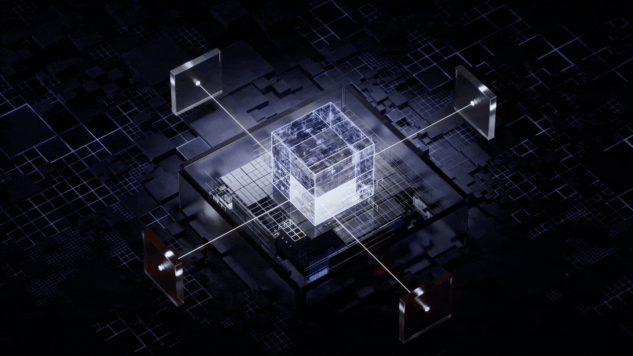 Digital abstract 3D cube surrounded by four smaller transparent panels connected by glowing lines on a dark grid background, representing data flow or information analysis.