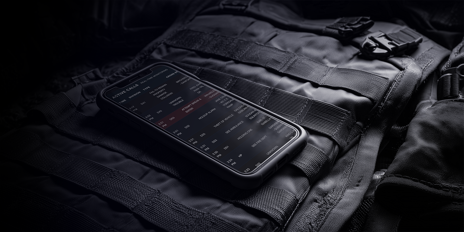 Smartphone displaying a real-time monitoring app for active police calls, resting on a tactical vest.