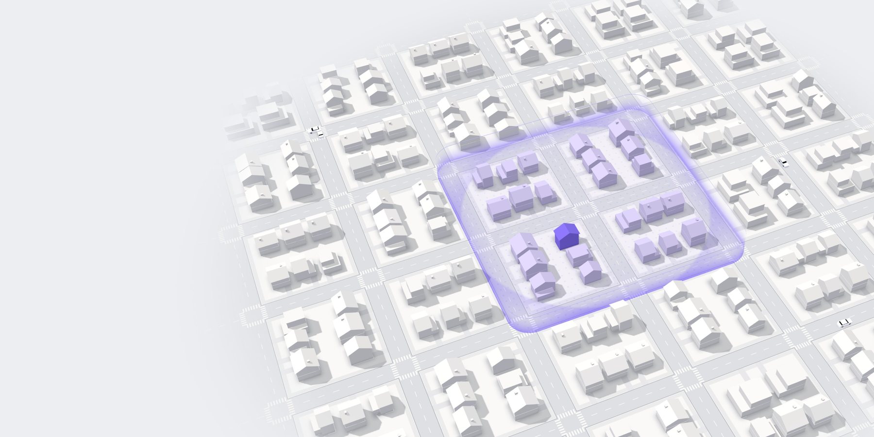 A 3D model of a Toronto neighbourhood with a private security pod outlined in violet