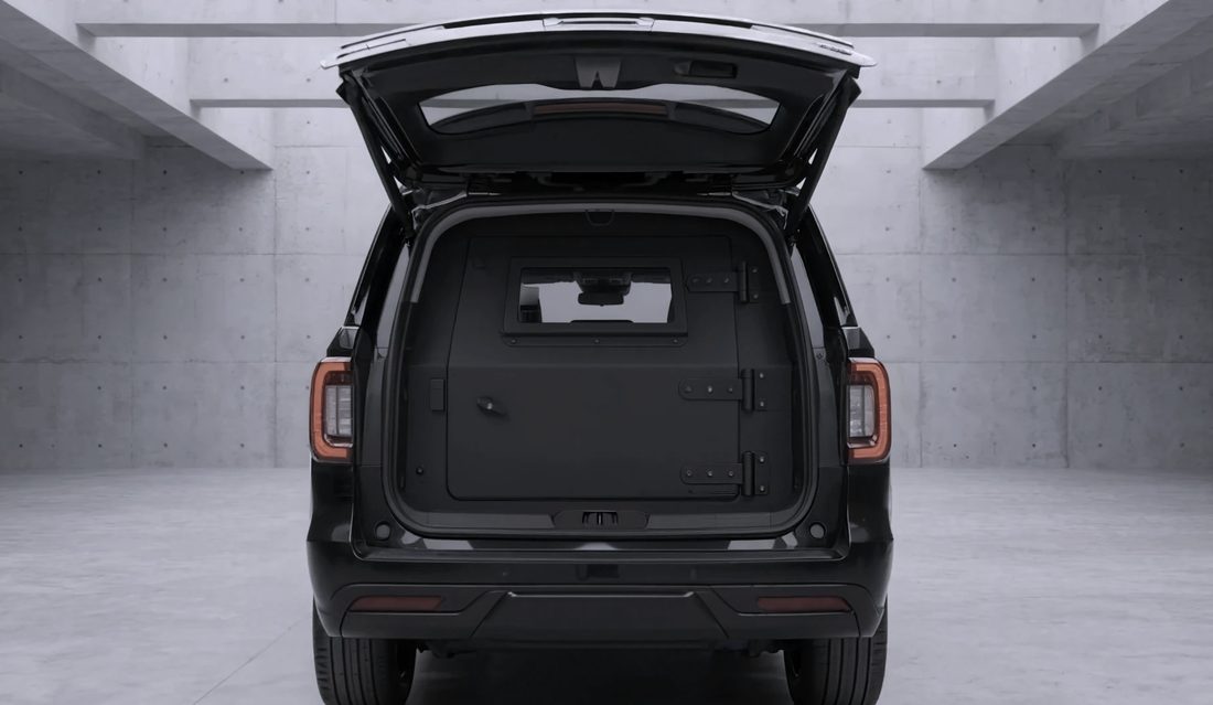 An OZINT armoured SUV with its rear hatch open