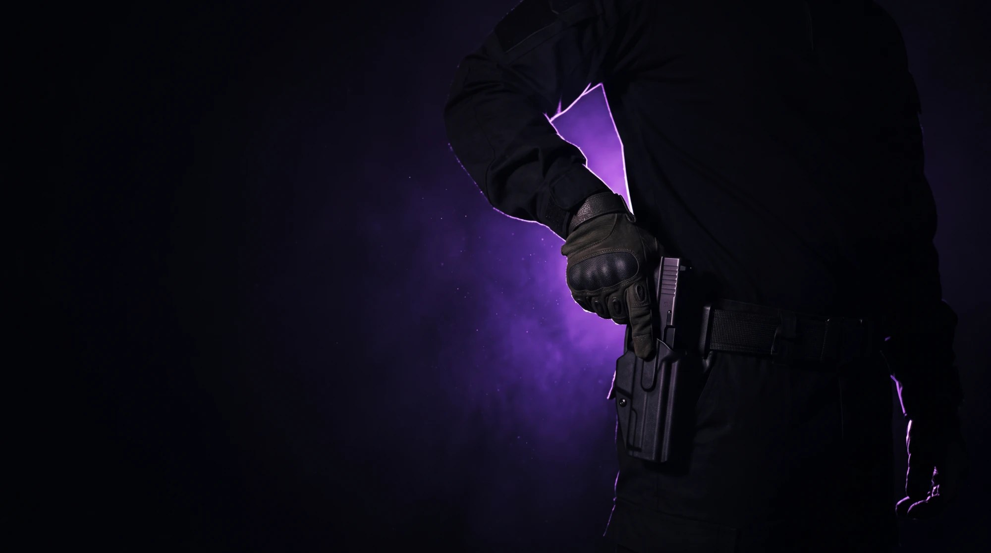 An armed OZINT operator in silhouette, gloved hand on his holstered sidearm, lit in violet