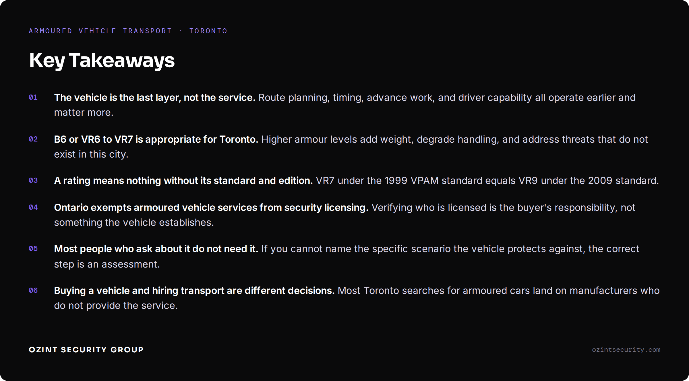 Six key takeaways on armoured vehicle transport in Toronto, covering protection levels, licensing, and when the service is warranted.