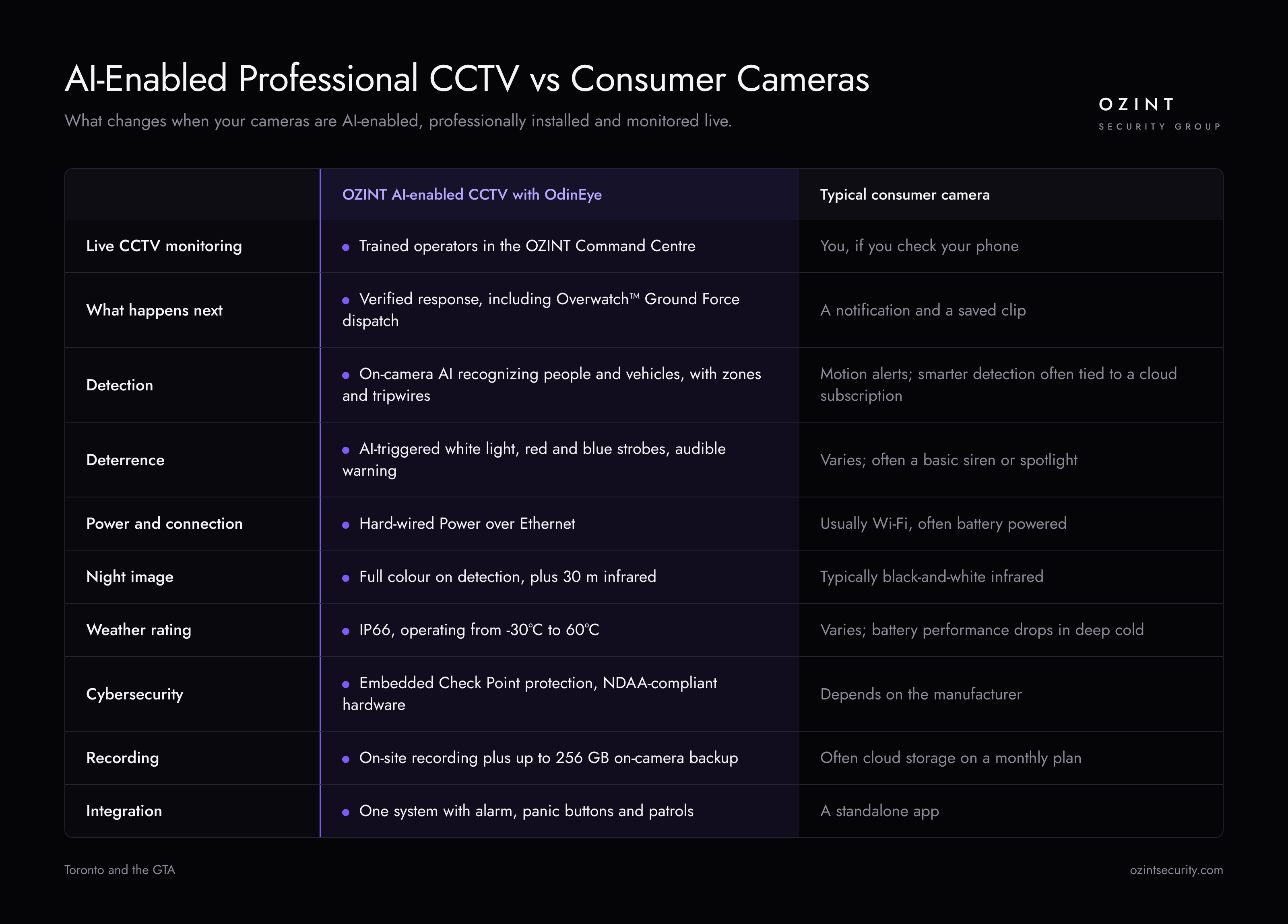 AI enabled CCTV vs consumer grade cameras comparison table