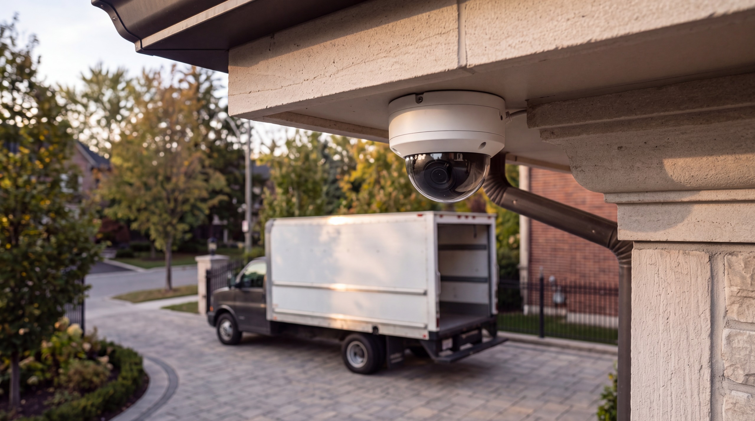 moving truck outside toronto home with cctv camera