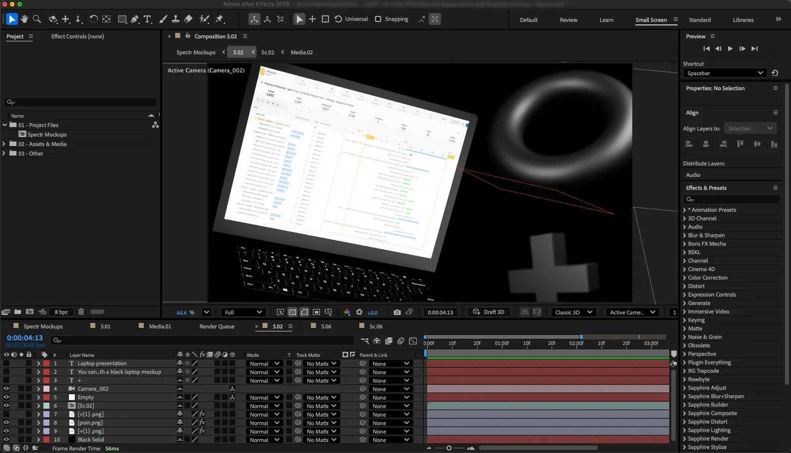 An After Effects composition and timeline used to build the Spectr film's motion
